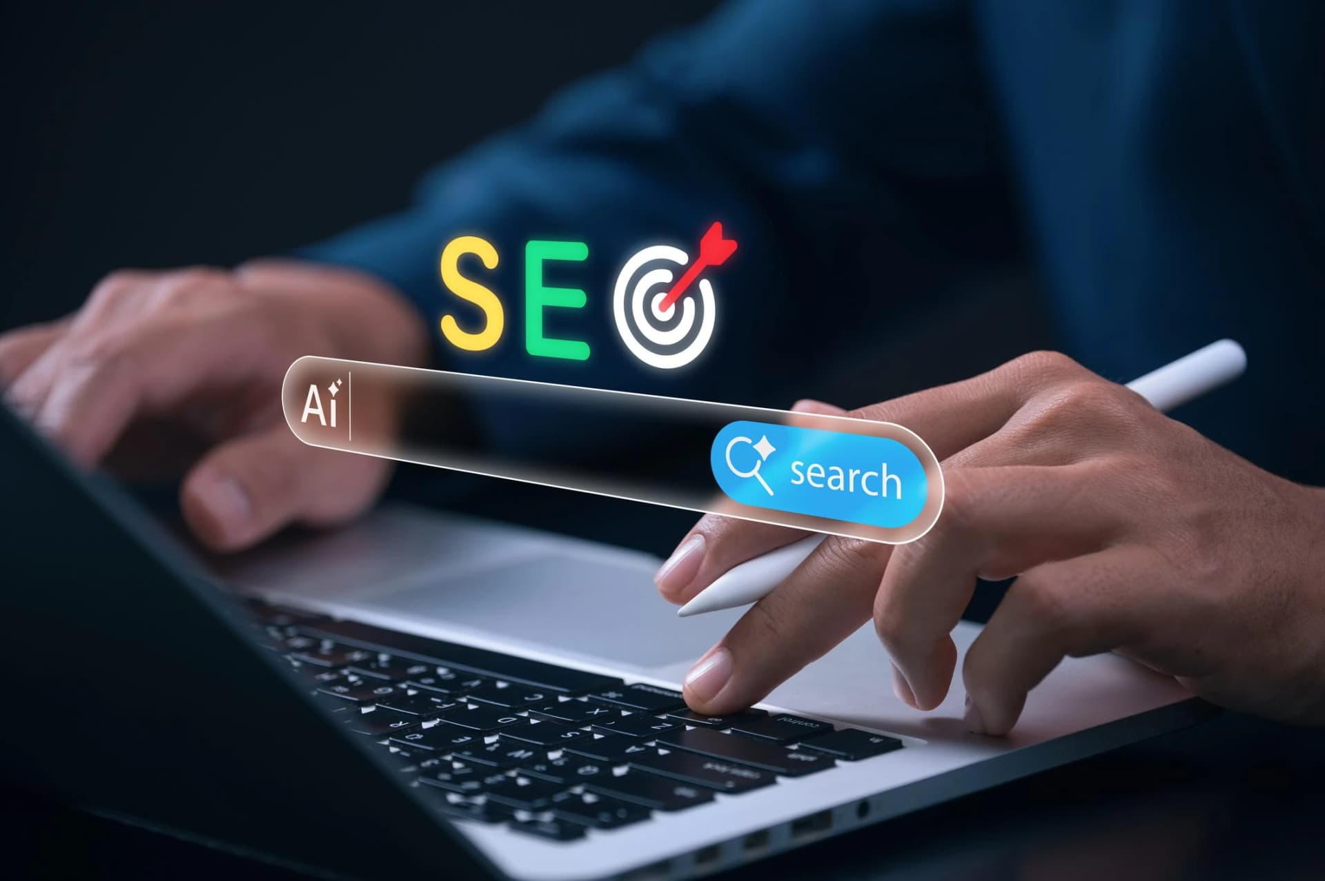 A person using a laptop with an AI search bar and SEO icons, representing modern search engine optimization workflows.