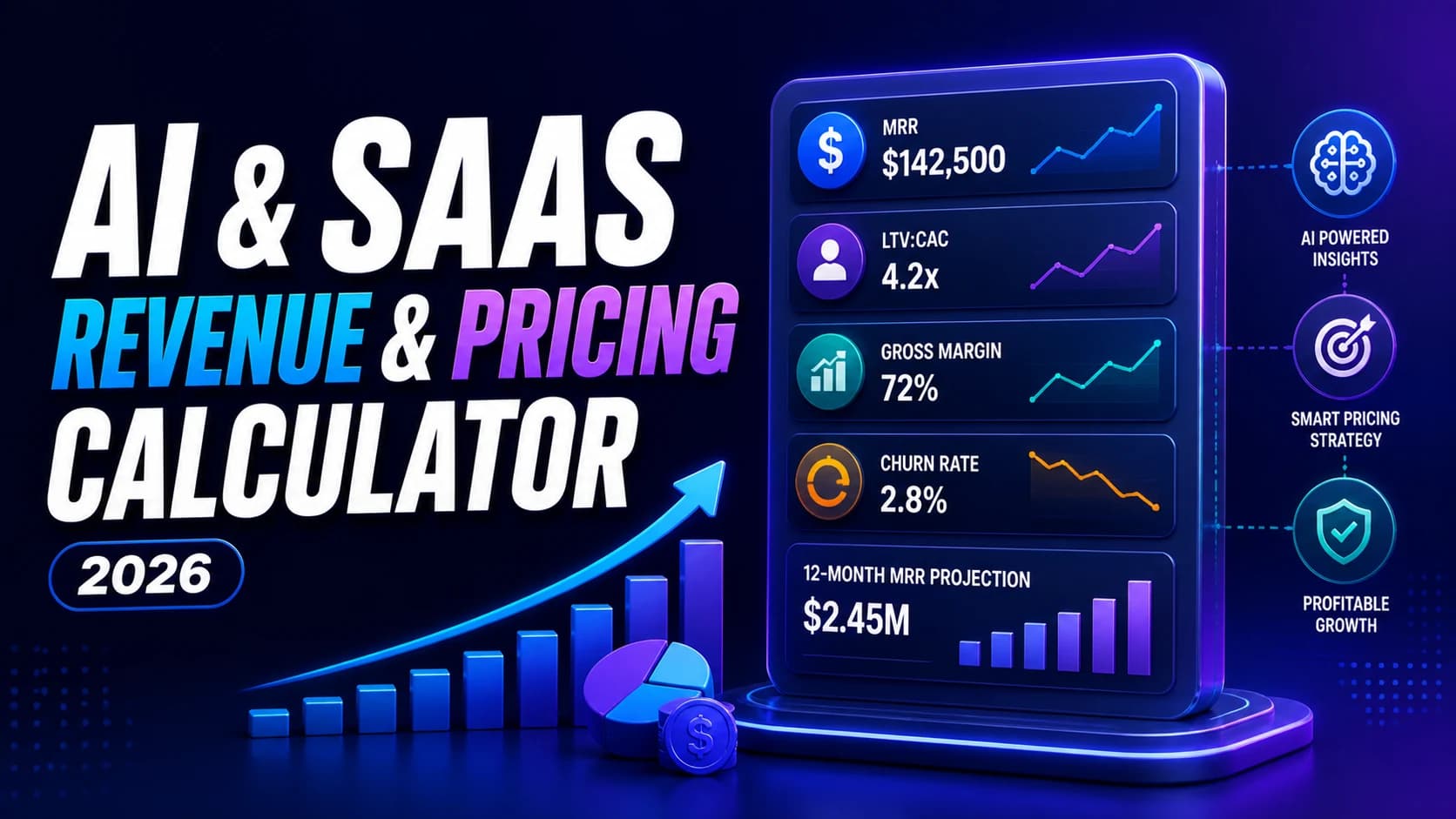 AI SaaS revenue and pricing calculator banner showing MRR LTV CAC metrics dashboard and growth projection analytics. preview