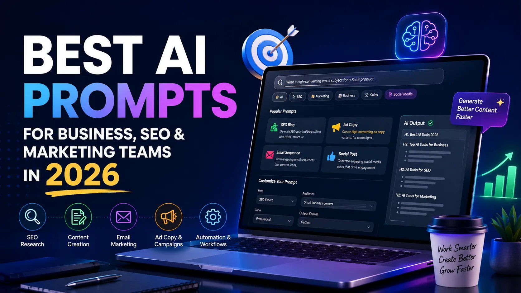 Modern AI prompts banner featuring futuristic business workflow visuals, AI interface elements, and bold typography for SEO, marketing, and business teams in 2026.