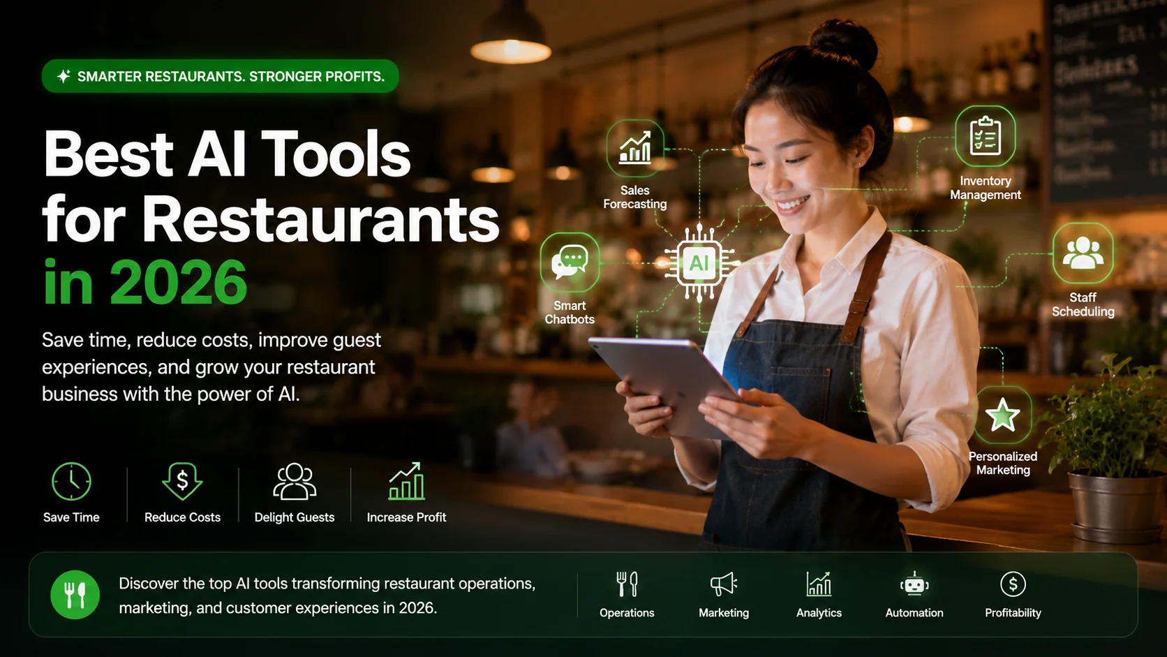 Restaurant manager using AI-powered software to optimize scheduling, inventory management, marketing, and restaurant operations in 2026.