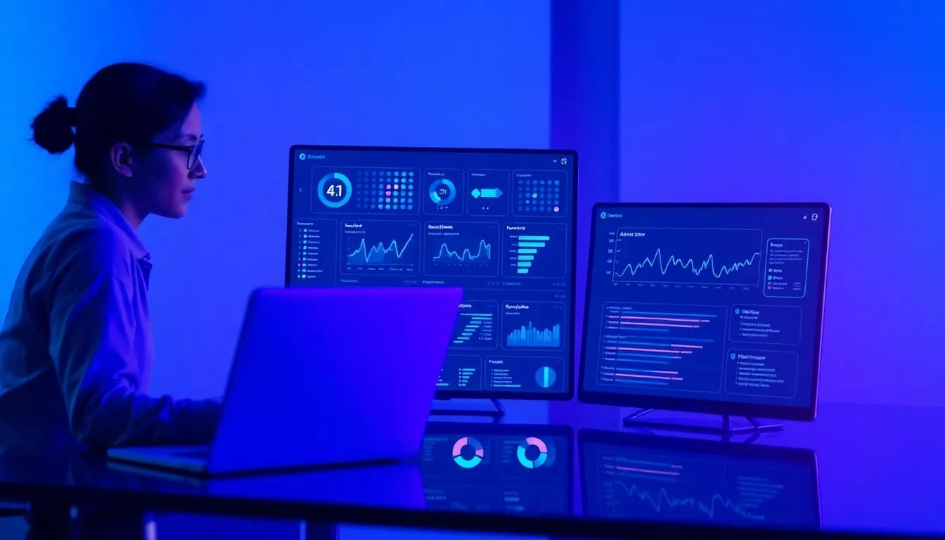 Digital workspace with a woman analyst monitoring multiple AI dashboards representing business implementation