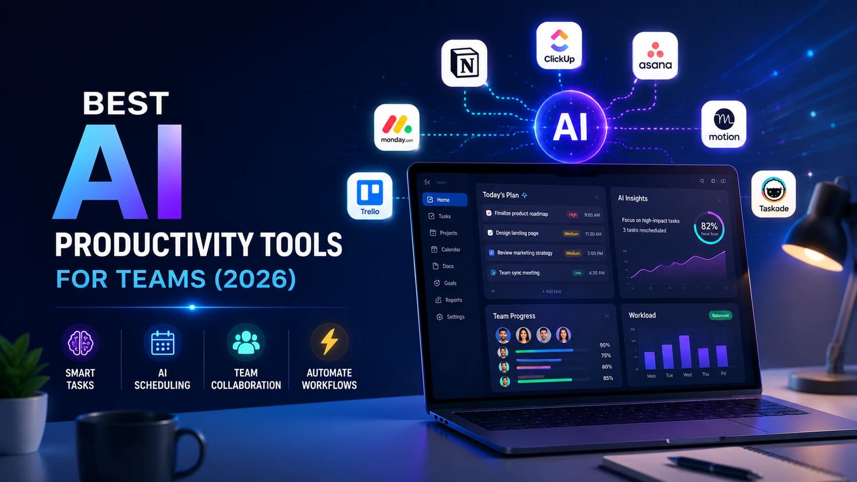 Modern AI productivity workspace dashboard with task automation, team collaboration, workflow management, and scheduling analytics for business teams in 2026.