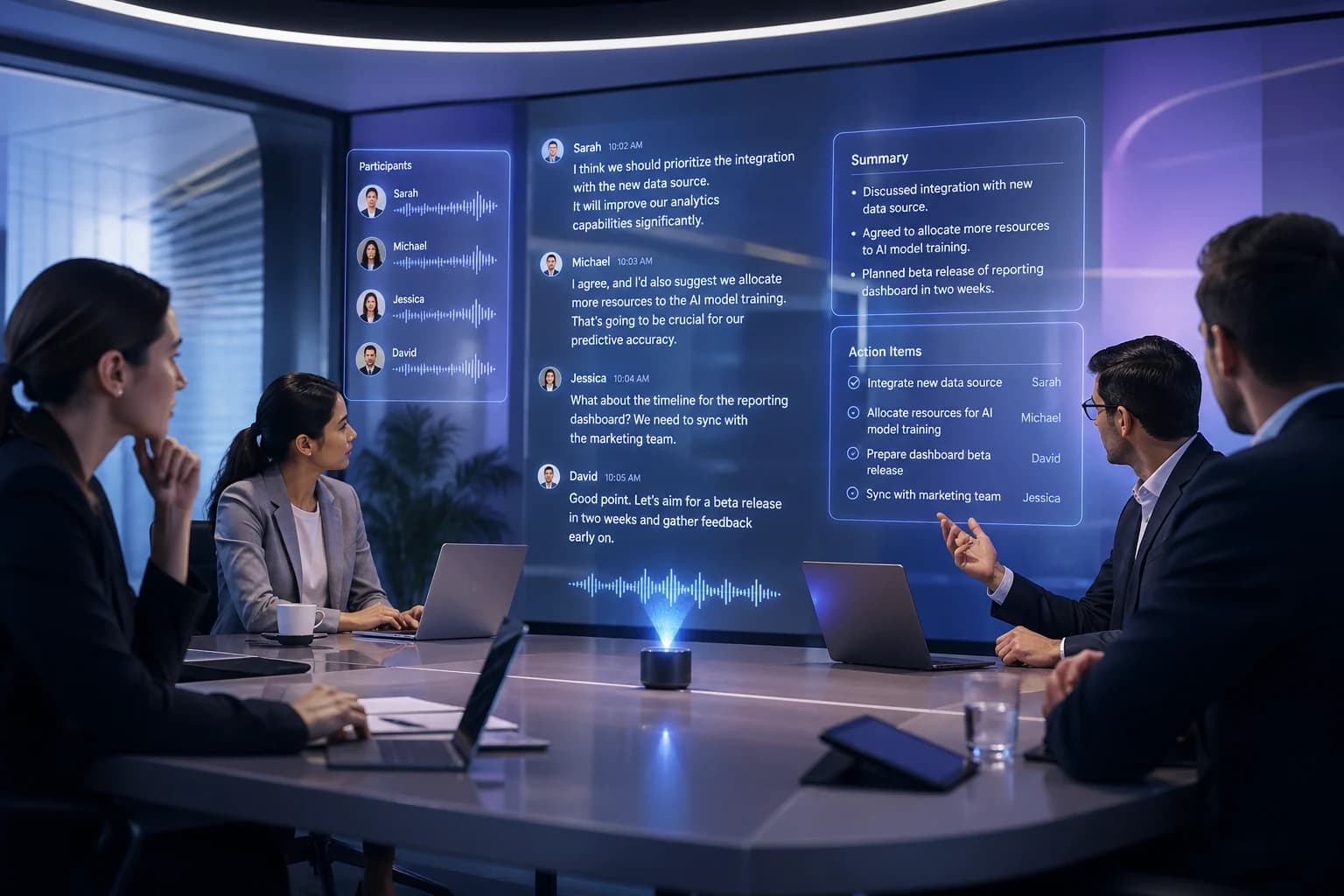 AI-powered meeting assistant providing real-time transcription, participant tracking, and automated action items during a corporate board meeting.