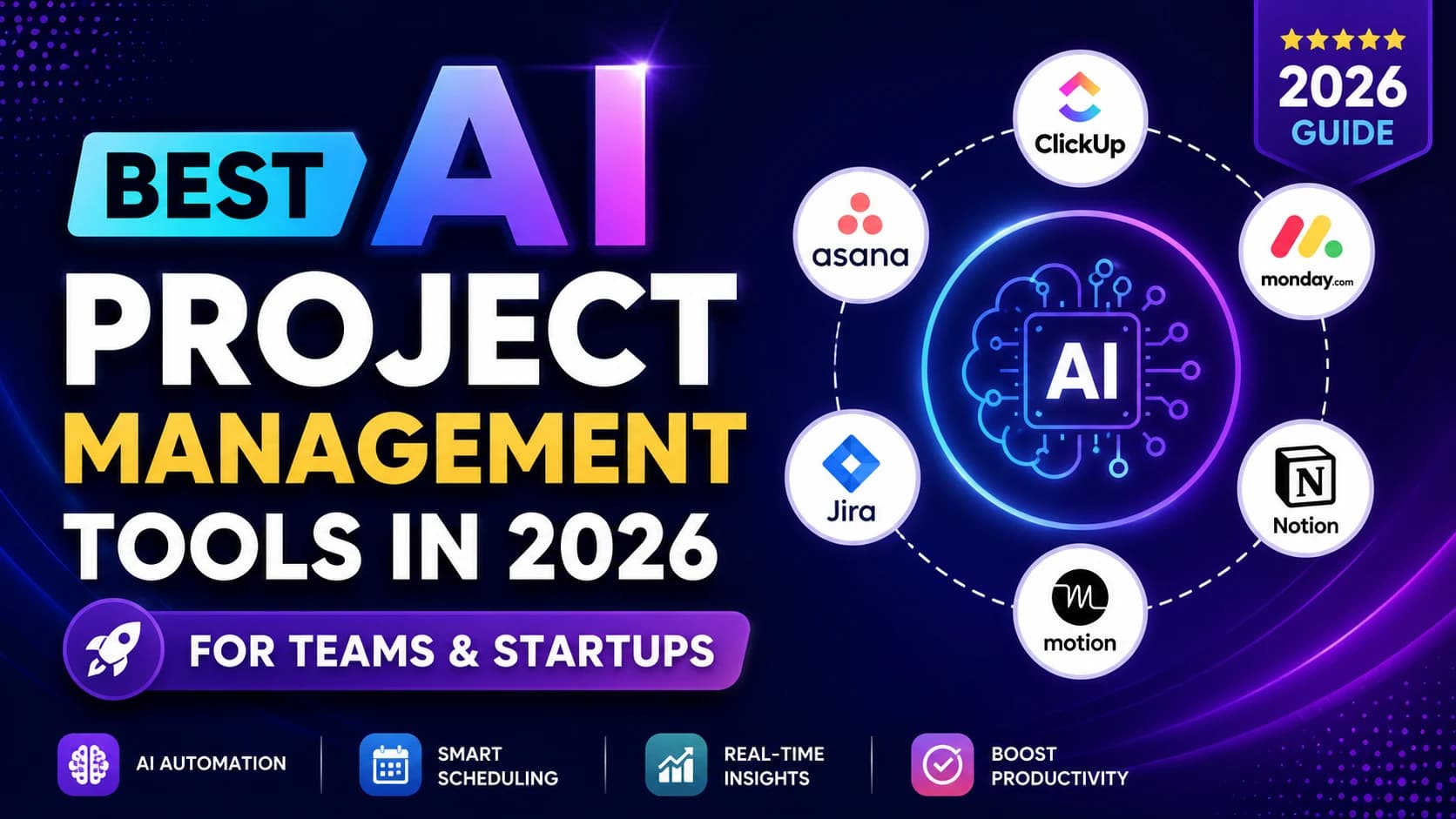 Best AI project management tools 2026 thumbnail featuring ClickUp, Asana, Jira, Notion, Monday.com, and Motion with AI workflow graphics