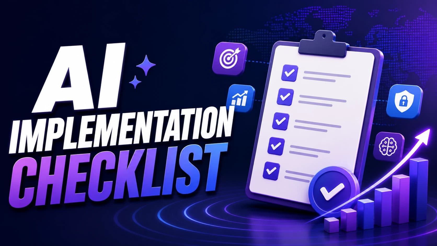 AI implementation checklist tool banner with roadmap checklist, growth chart, and AI strategy planning visual. preview