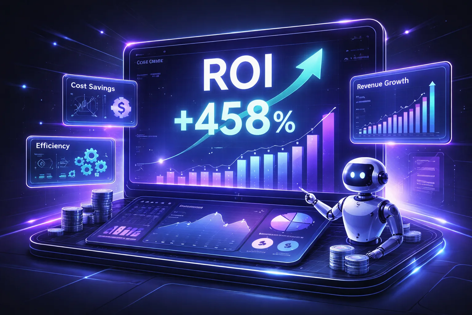 Futuristic AI ROI dashboard with 458 percent growth metrics and robotic assistant visualization preview