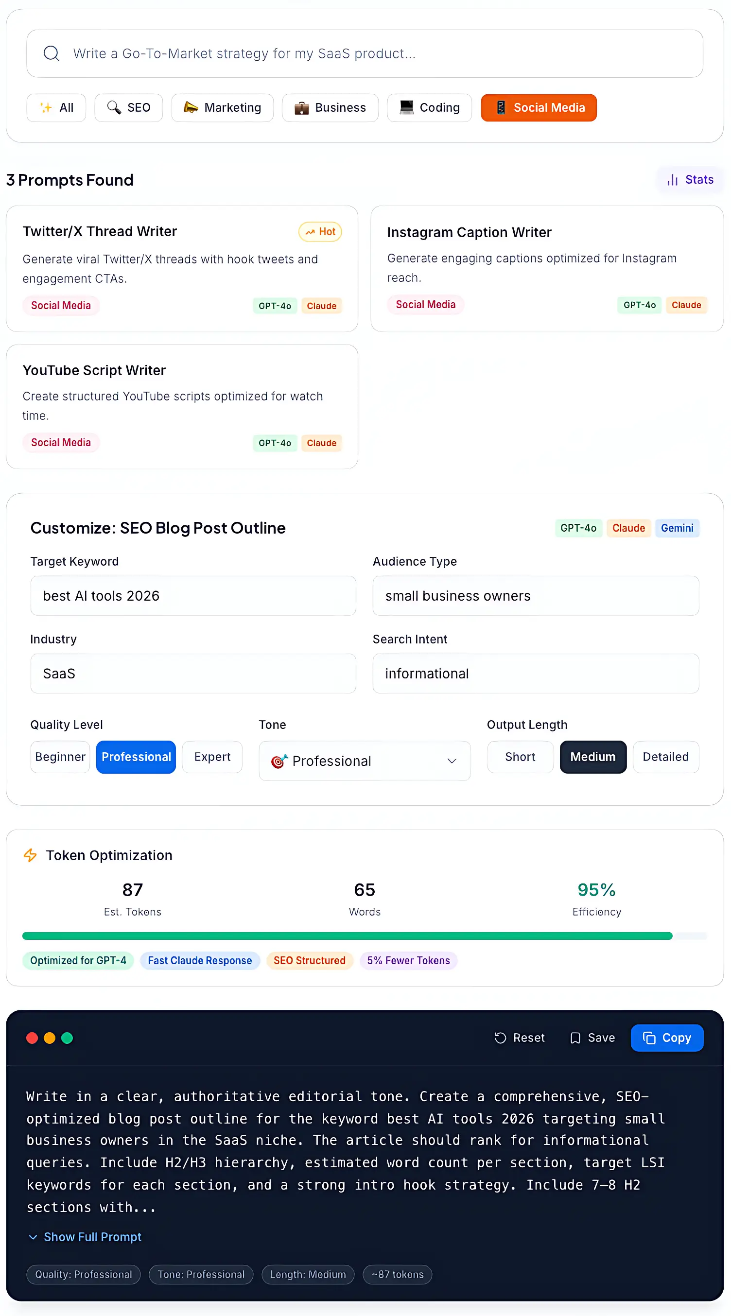 AI Prompt Generator dashboard displaying categorized prompt templates, customization controls, token optimization metrics, and generated prompt output for SEO, marketing, and business workflows.