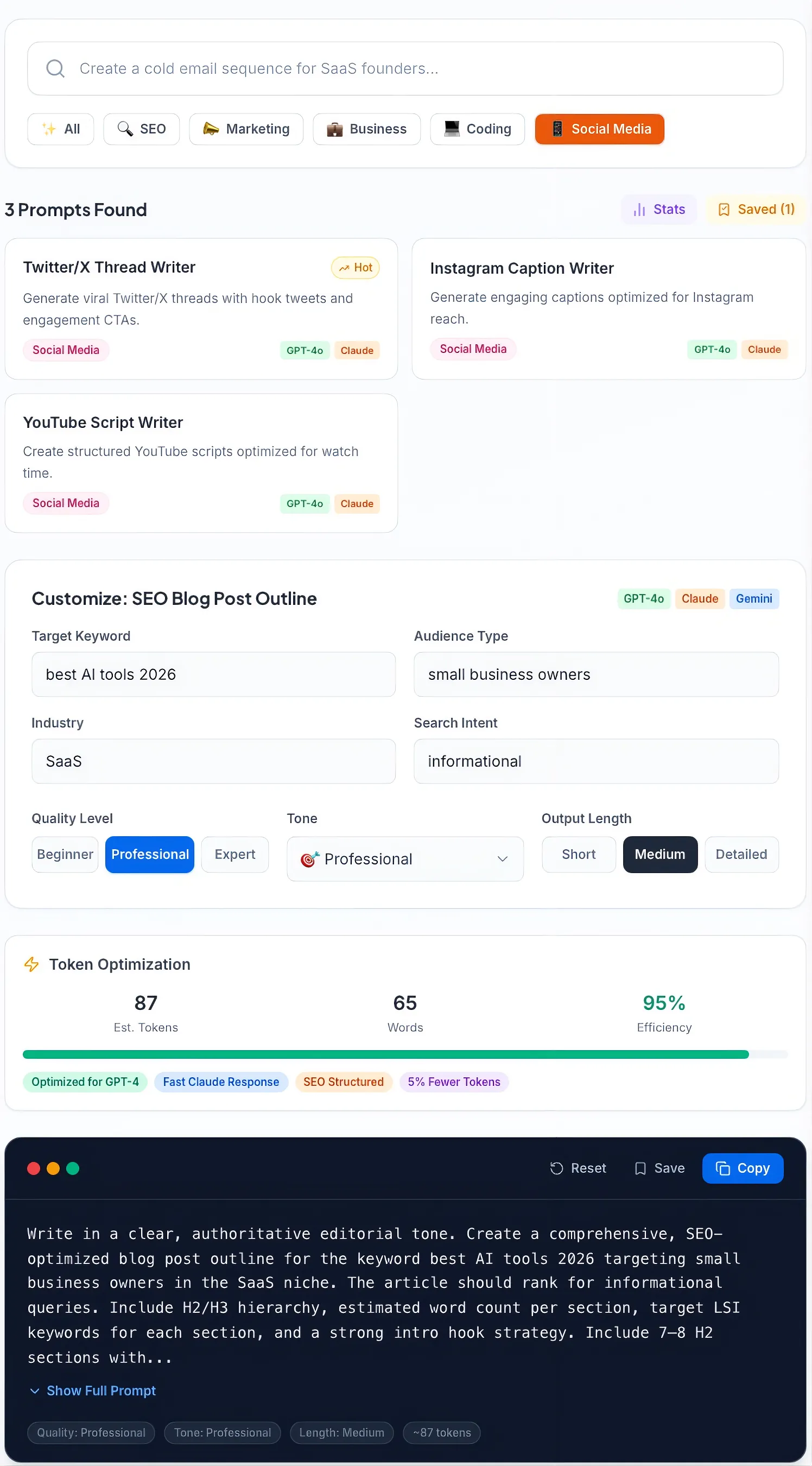 AI Prompt Generator dashboard showing customizable prompt templates for security analysis, compliance reviews, business workflows, coding, marketing, and content creation with AI model optimization settings.