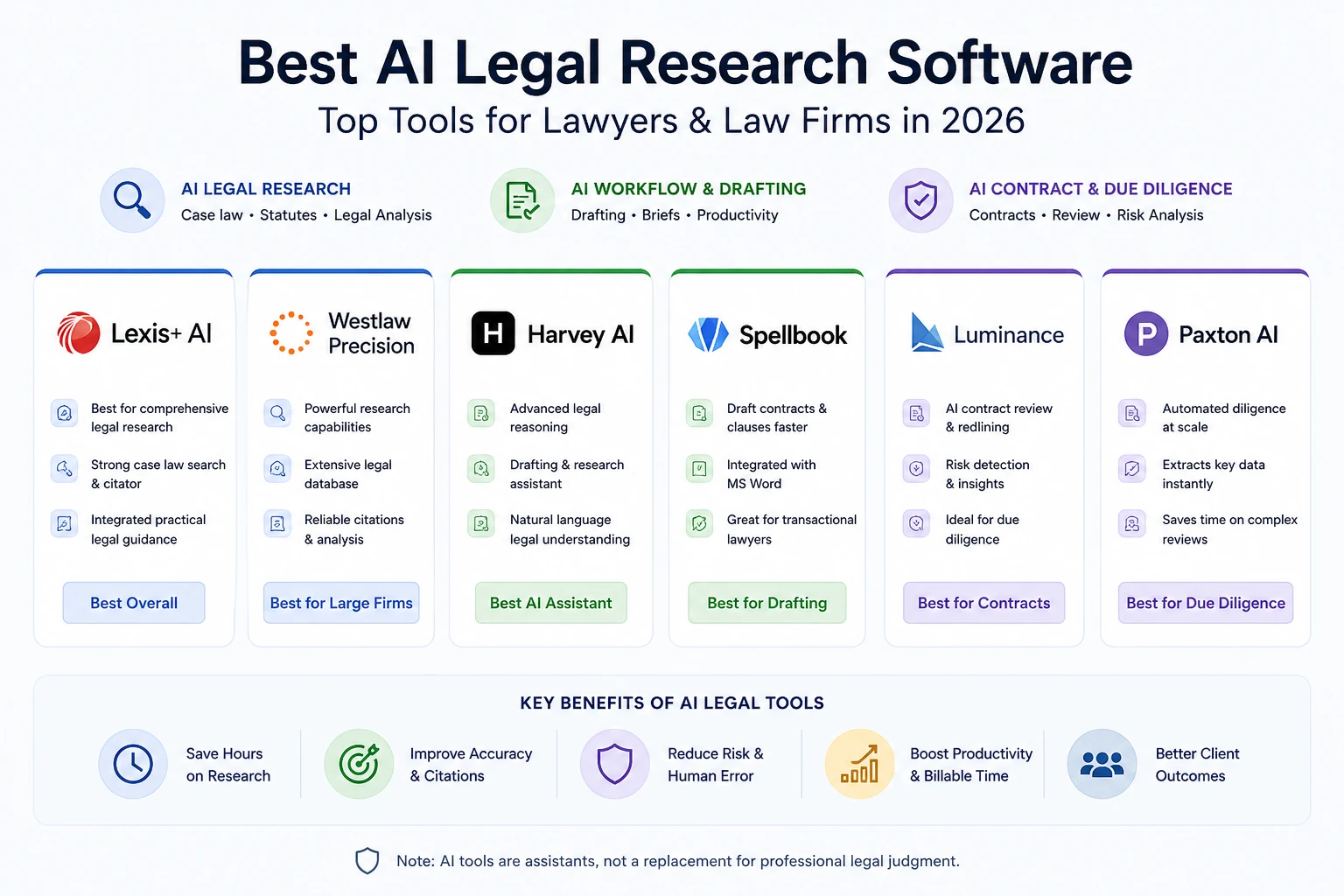 Comparison infographic showing the best AI legal research software for lawyers and law firms in 2026, including Lexis+ AI, Westlaw Precision AI, Harvey AI, Spellbook, Luminance, and Paxton AI.