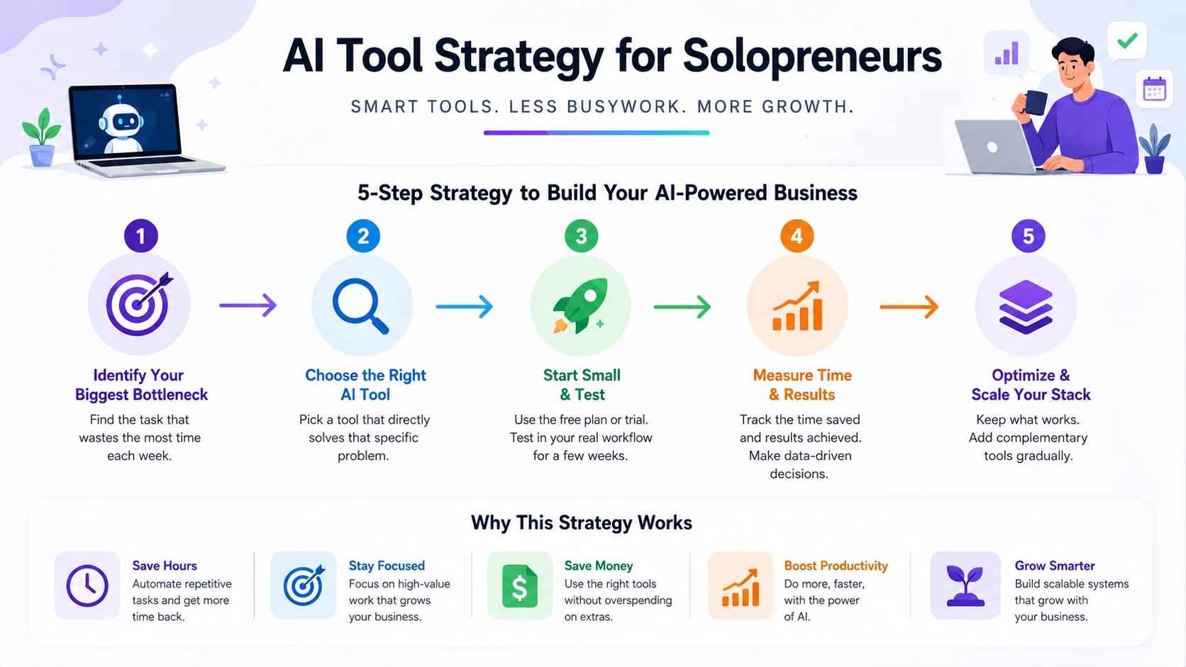 Infographic showing the best AI tool stacks for freelancers, content creators, consultants, coaches, and ecommerce solopreneurs in 2026.