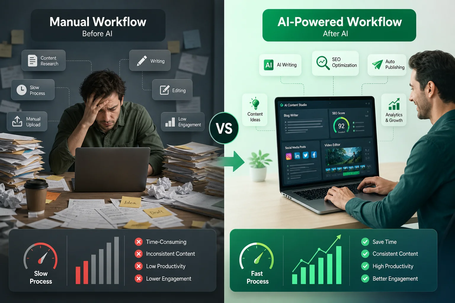 A side-by-side comparison of a stressful manual content creation process versus a fast, efficient AI-powered workflow.