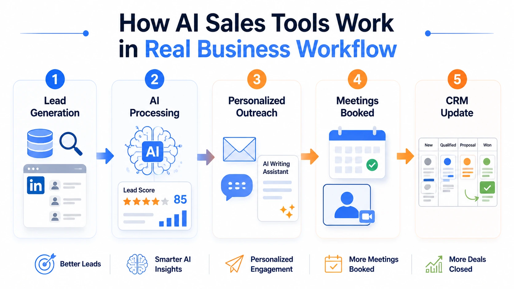 A flowchart helping businesses choose AI tools like Apollo.io, Instantly.ai, HubSpot, and Fireflies based on specific sales bottlenecks.