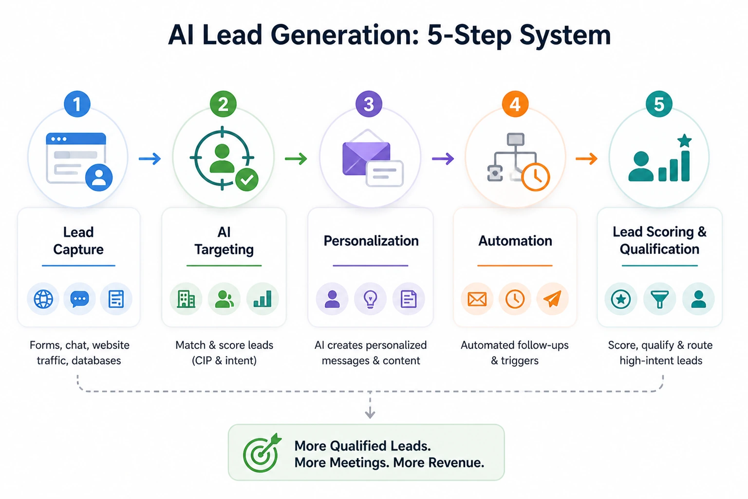 AI lead generation 5 step funnel including lead capture, targeting, personalization, automation, and lead scoring for higher conversions.