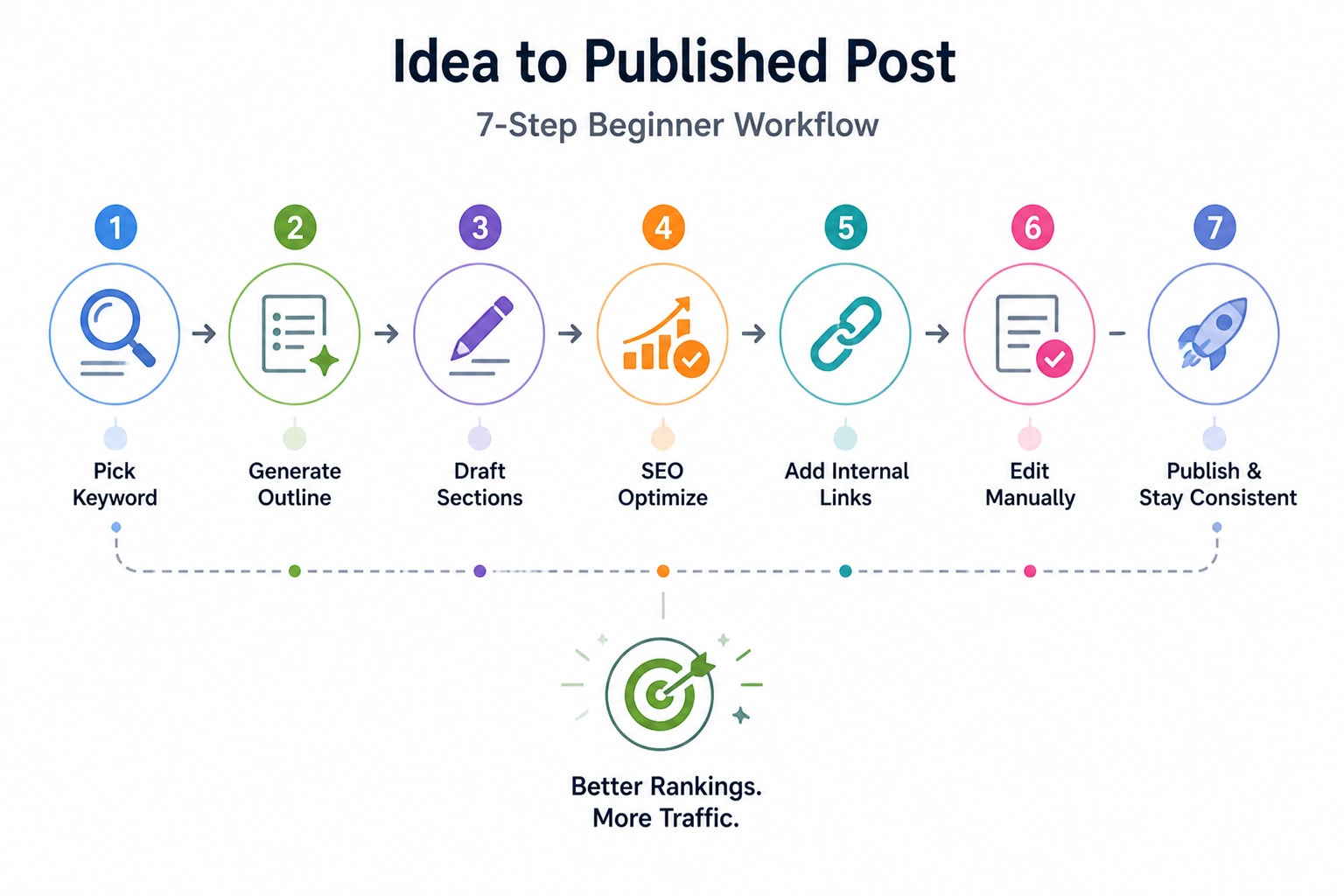 AI blogging workflow showing 7 steps from keyword research to publishing including outline generation, drafting, SEO optimization, internal linking, and editing.